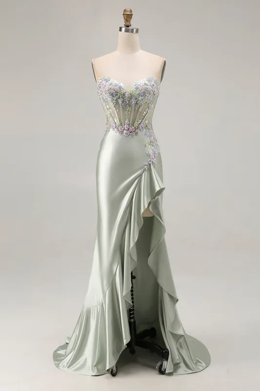 Dusty Sage Mermaid Sweetheart Corset Sequins Appliqued Long Prom Dress with Ruffle Slit sold by Wedtrend