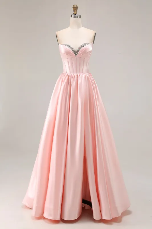 Elegant Pink A-Line Sweetheart Beaded Corset Satin Long Prom Dress with Slit made by Wedtrend