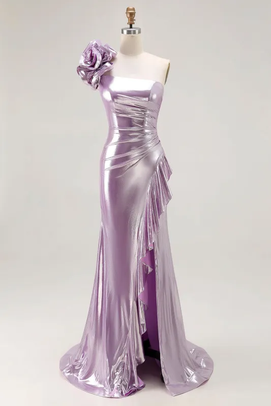 Metallic Light Purple One-Shoulder Long Ruffled Prom Dress with Flower Detail sold by Wedtrend