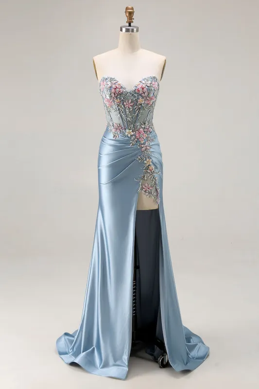 Grey Blue Mermaid Sweetheart Corset Appliqued Beaded Long Prom Dress with Slit made by Wedtrend