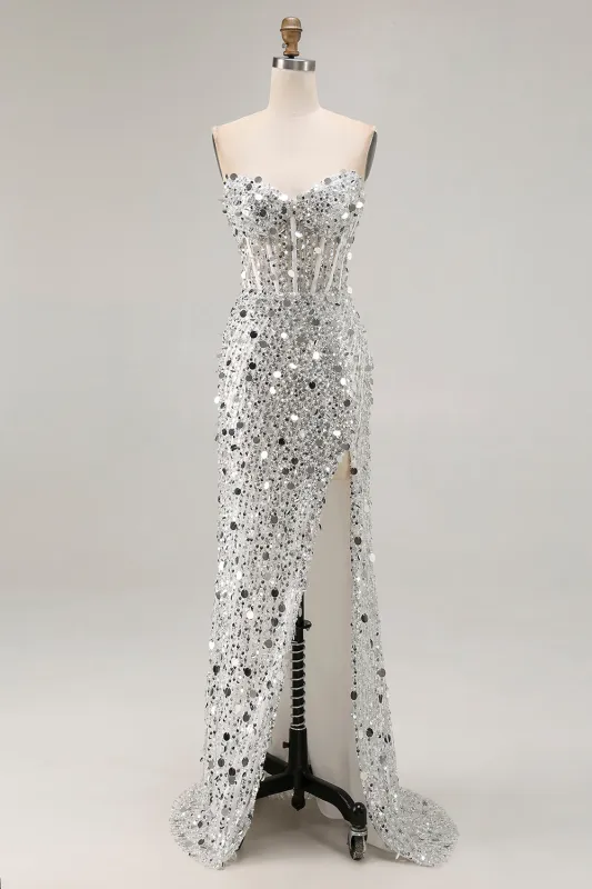 Sparkly Silver Mermaid Strapless Corset Sequins Long Prom Dress with Slit made by Wedtrend