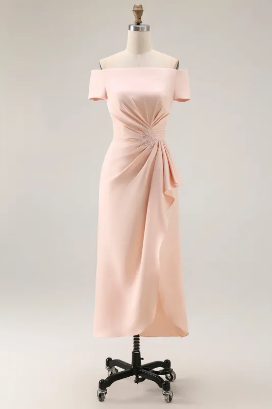 Apricot Off The Shoulder Ruched Sheath Mother Of The Bride Dress with Ruffle Slit made by Wedtrend