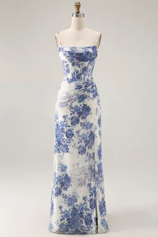 Blue Sheath Corset Floral Burnout Streamer Long Bridesmaid Dress with Slit made by Wedtrend