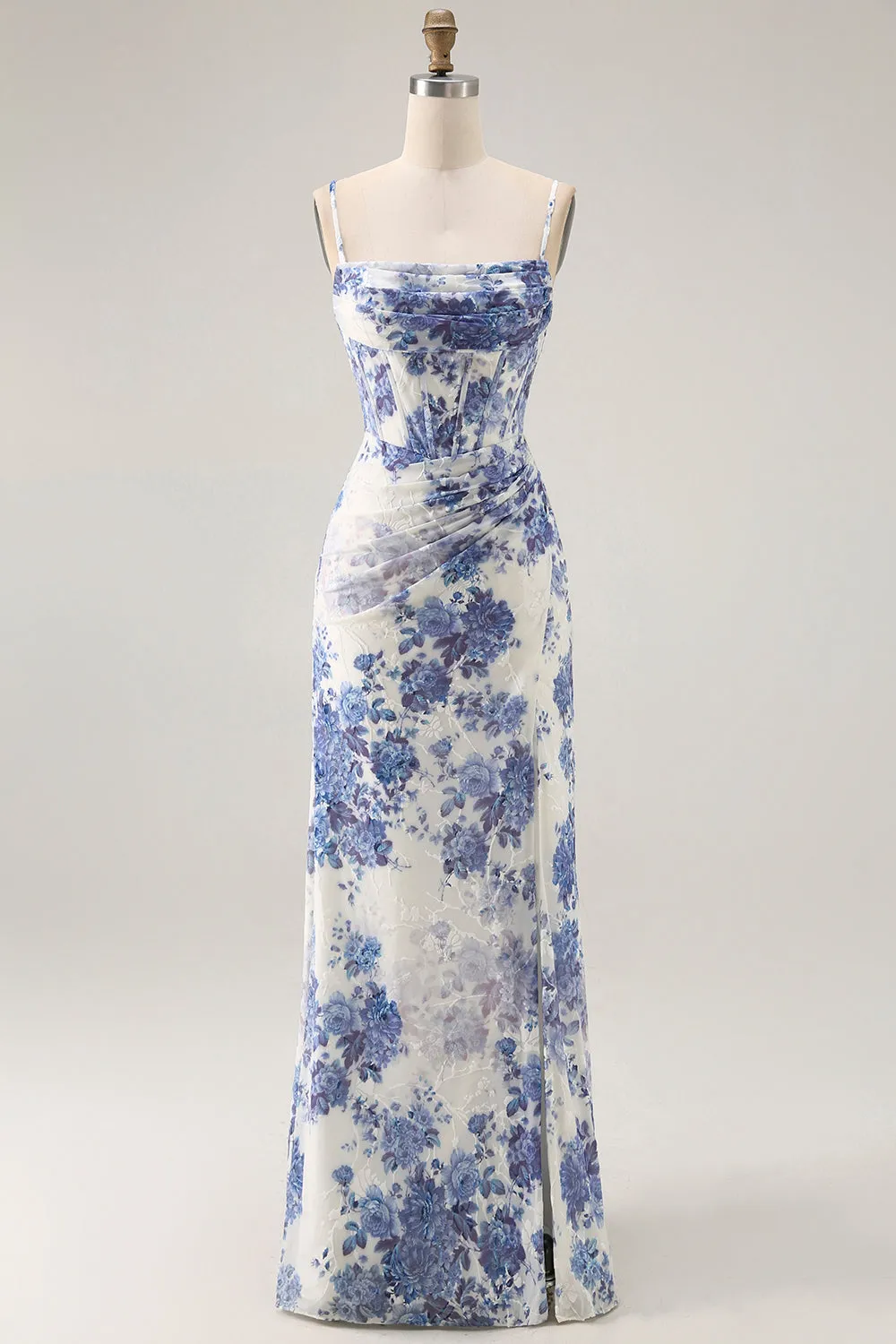 Blue Sheath Corset Floral Burnout Streamer Long Bridesmaid Dress with Slit sold by Wedtrend