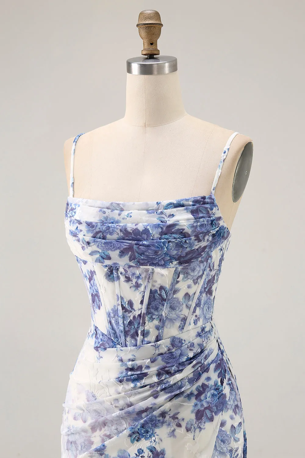 Blue Sheath Corset Floral Burnout Streamer Long Bridesmaid Dress with Slit sold by Wedtrend product image thumbnail 5
