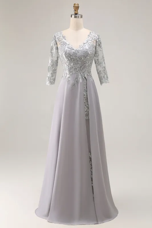 Silver Appliqued A-Line V-Neck Long Mother Of The Bride Dress with Lace Up Back made by Wedtrend