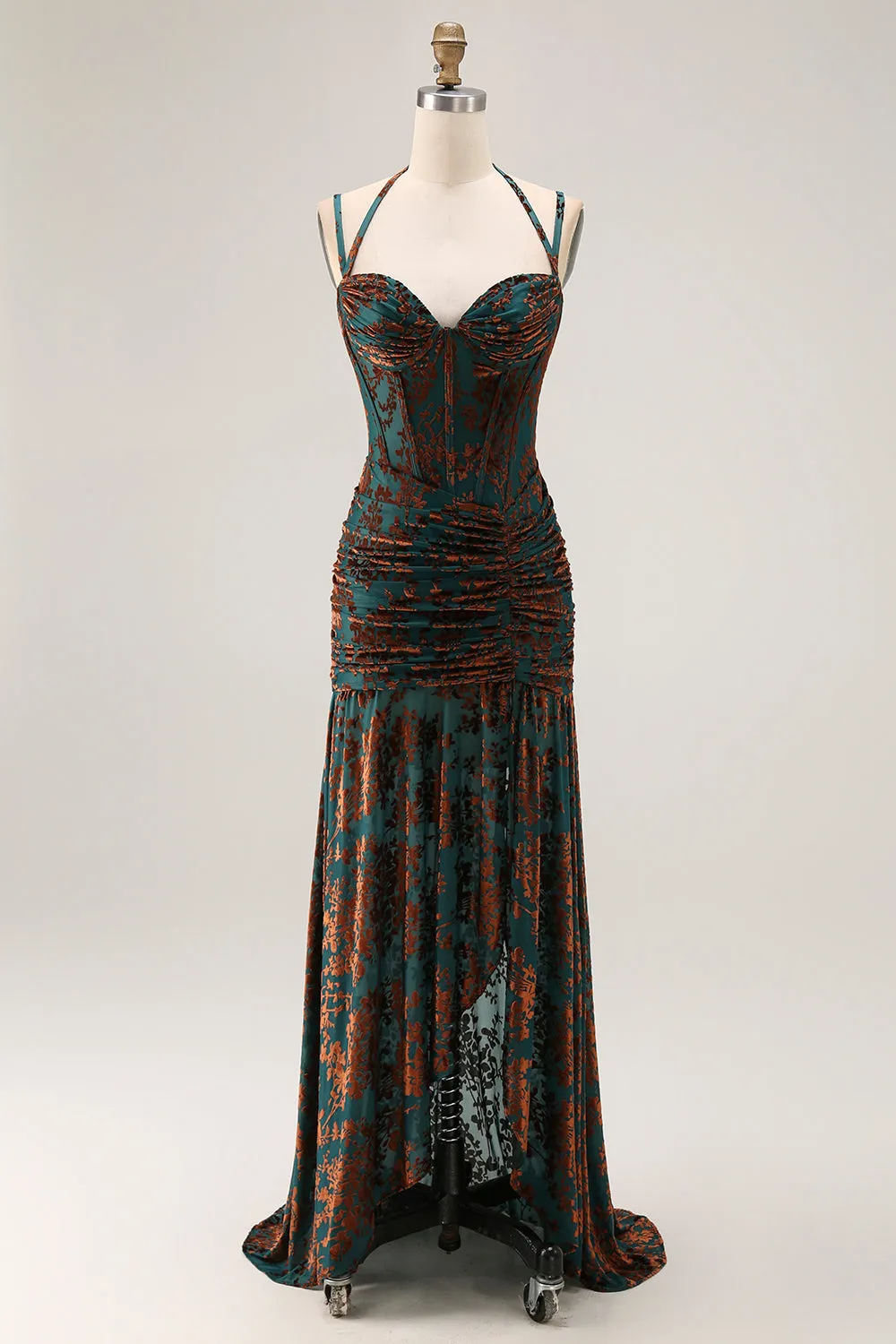 Dark Green Sheath Sweetheart Corset Long Floral Burnout Dress with Slit sold by Wedtrend
