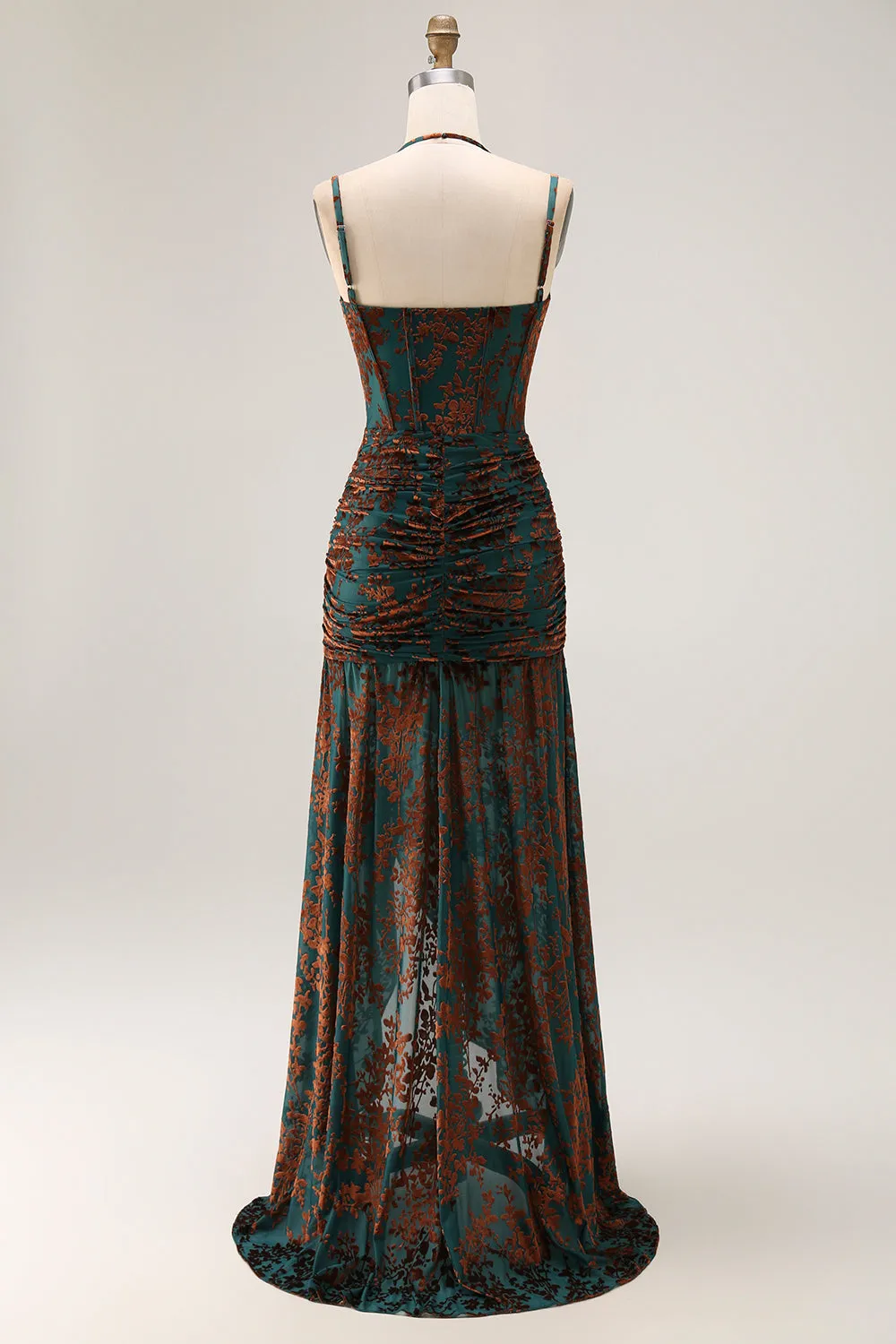 Dark Green Sheath Sweetheart Corset Long Floral Burnout Dress with Slit sold by Wedtrend product image thumbnail 2