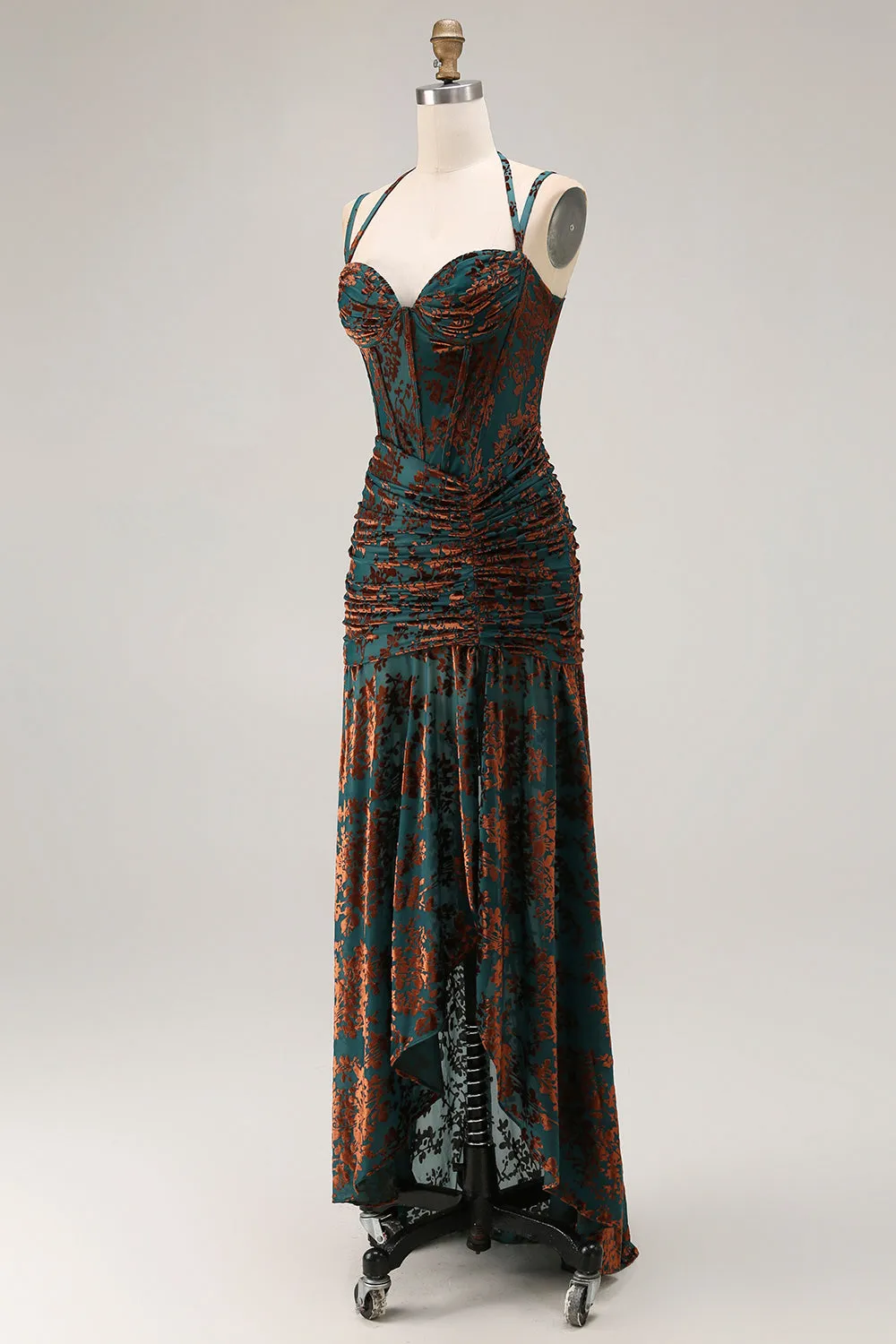 Dark Green Sheath Sweetheart Corset Long Floral Burnout Dress with Slit sold by Wedtrend product image thumbnail 3