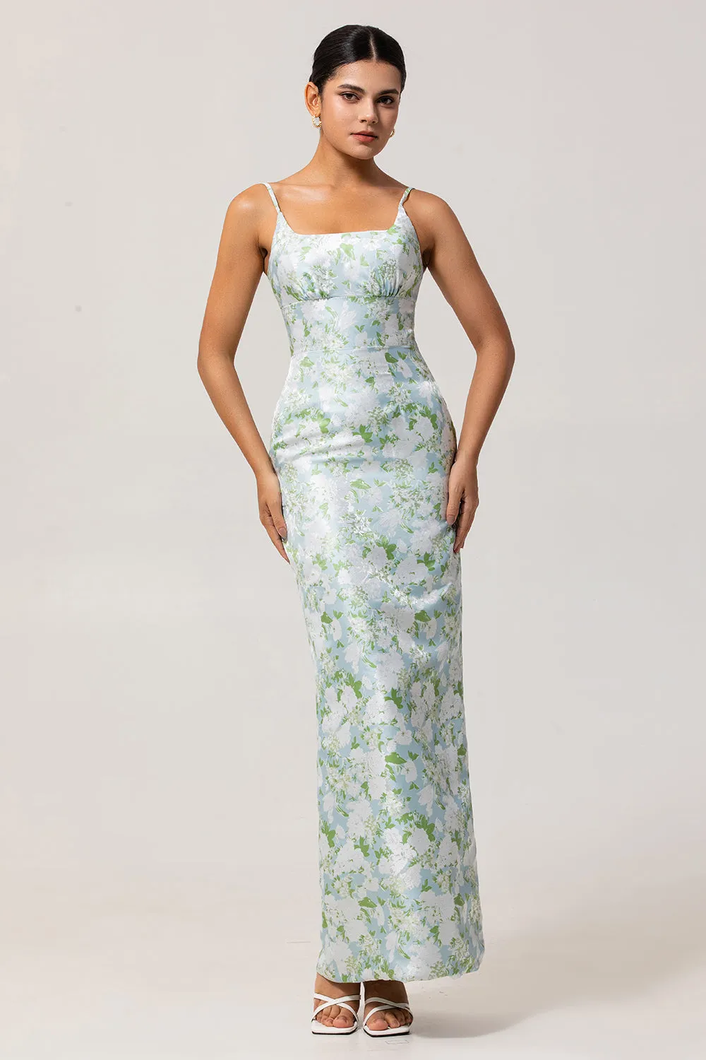 Sheath Blue White Flower Spaghetti Straps Print Long Bridesmaid Dress with Back Slit sold by Wedtrend product image thumbnail 3