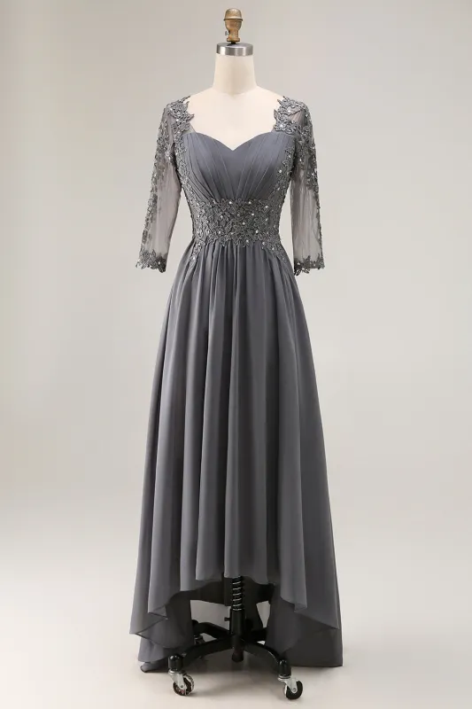 Steel Grey Appliqued A-Line Half Sleeves Mother Of The Bride Dress with Back Keyhole sold by Wedtrend