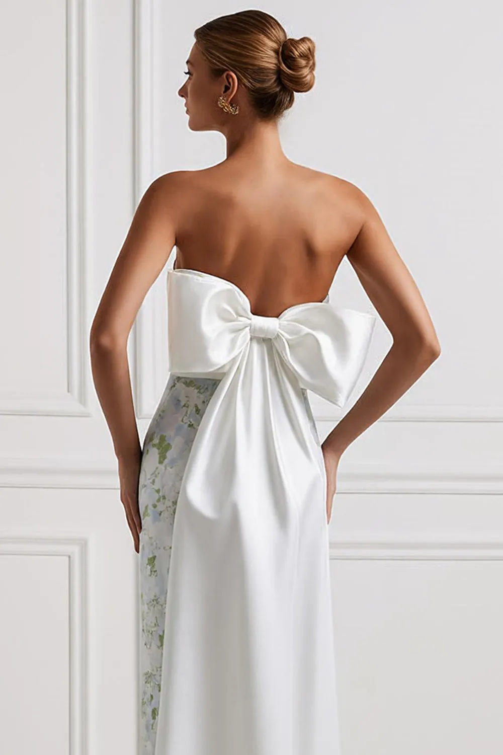 Sheath Strapless Blue White Flower Satin Long Bridesmaid Dress with Back Bow sold by Wedtrend product image thumbnail 4