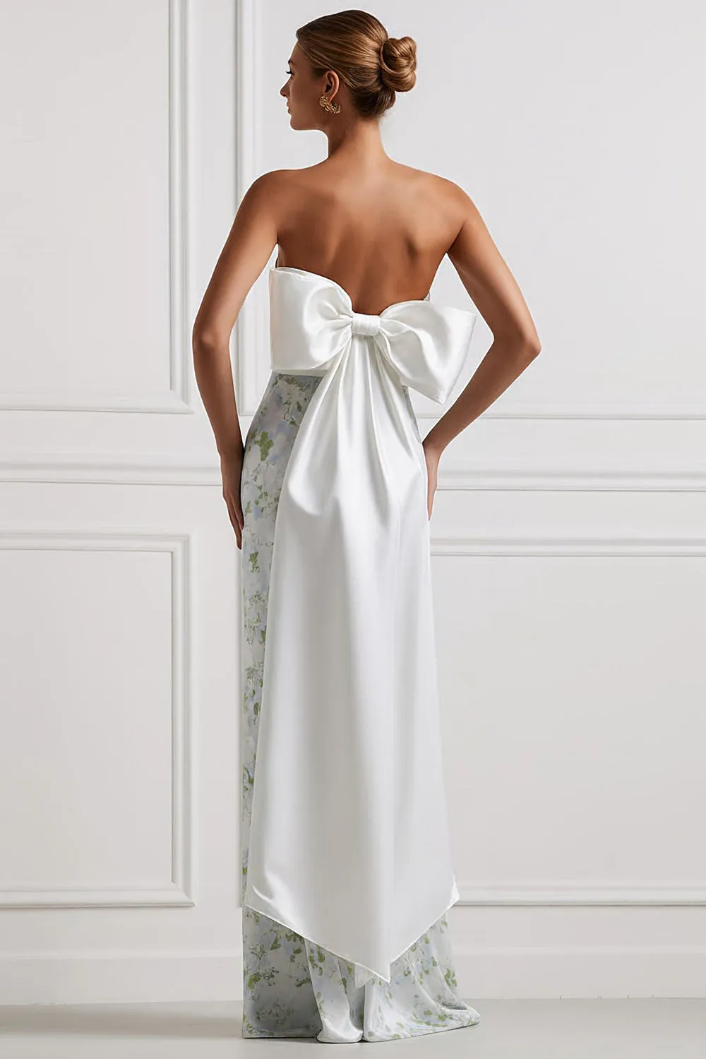 Sheath Strapless Blue White Flower Satin Long Bridesmaid Dress with Back Bow sold by Wedtrend product image thumbnail 2