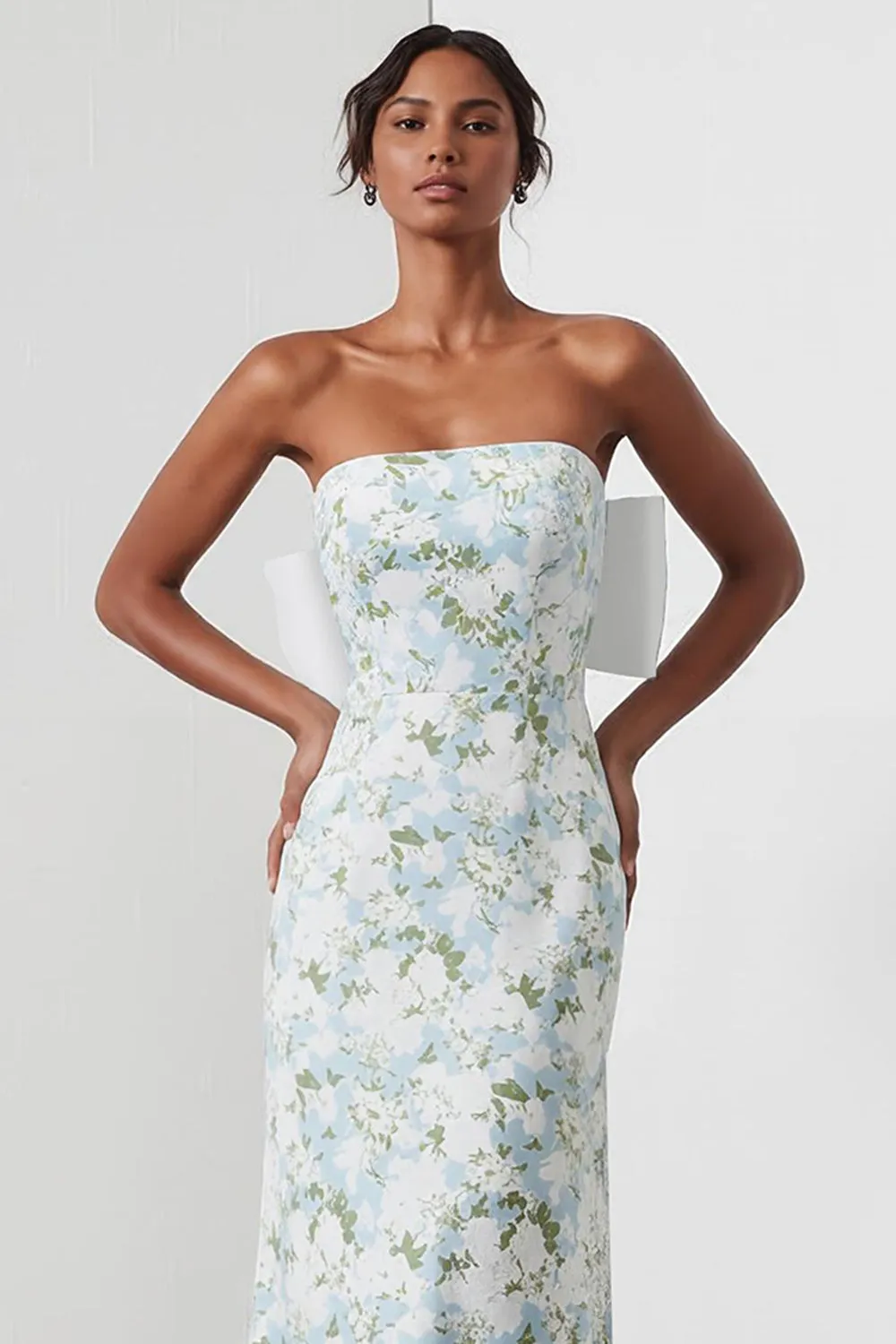 Sheath Strapless Blue White Flower Satin Long Bridesmaid Dress with Back Bow sold by Wedtrend product image thumbnail 3