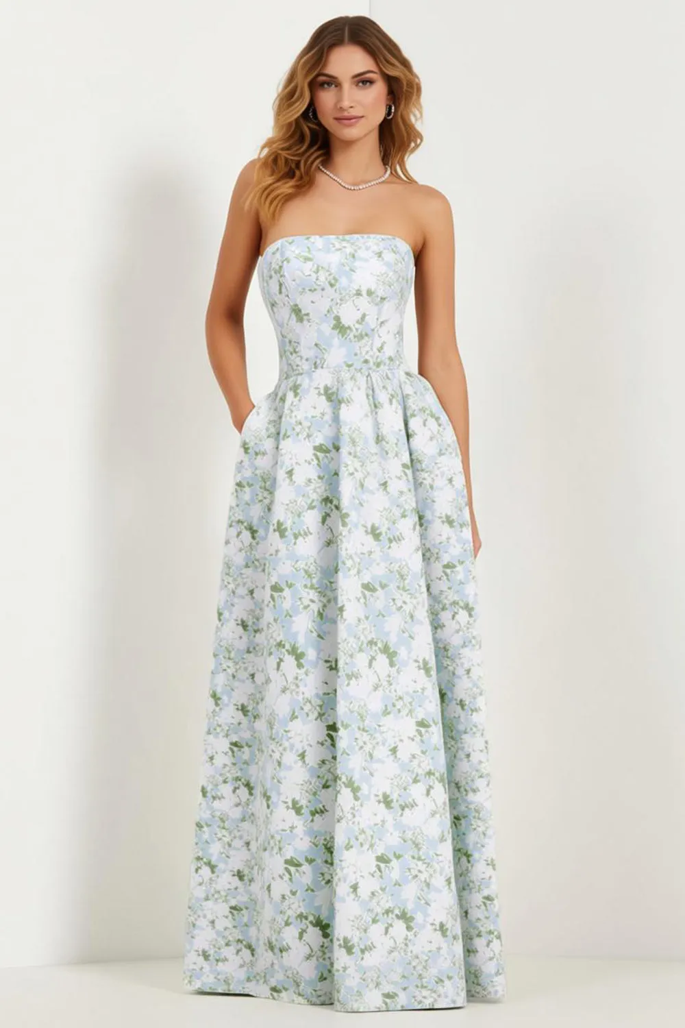 Blue Strapless Print A-Line White Floral Long Satin Dress with Pockets sold by Wedtrend