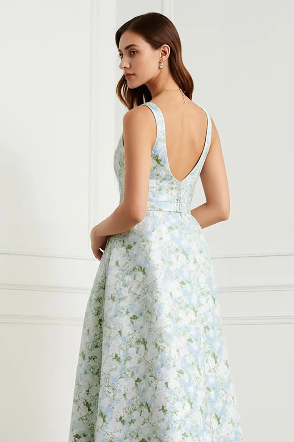 Blue White Flower A-Line Print Bowed Long Satin Wedding Guest Dress with Slit sold by Wedtrend product image thumbnail 4