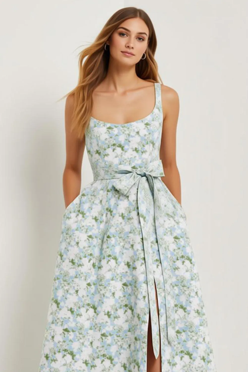 Blue White Flower A-Line Print Bowed Long Satin Wedding Guest Dress with Slit sold by Wedtrend product image thumbnail 3