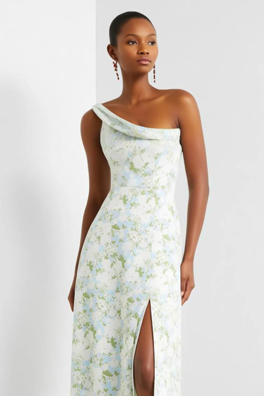 Blue White Flower One Shoulder Print Sheath Maxi Dress with Slit sold by Wedtrend product image thumbnail 3