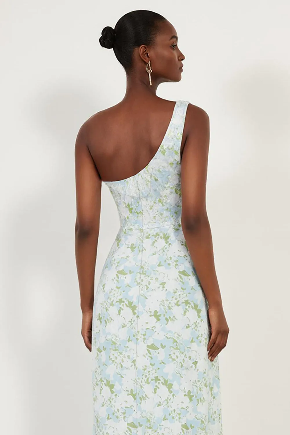 Blue White Flower One Shoulder Print Sheath Maxi Dress with Slit sold by Wedtrend product image thumbnail 4