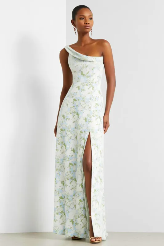 Blue White Flower One Shoulder Print Sheath Maxi Dress with Slit made by Wedtrend