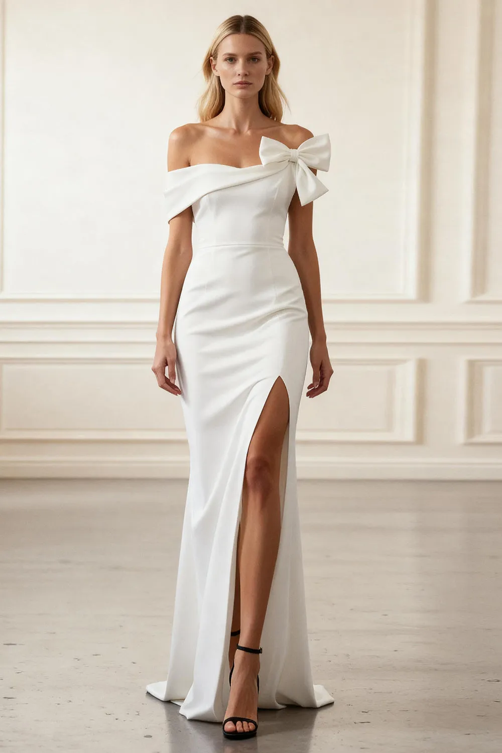 White Off The Shoulder Statement Bow Wedding Dress with Thigh-High Slit sold by Wedtrend