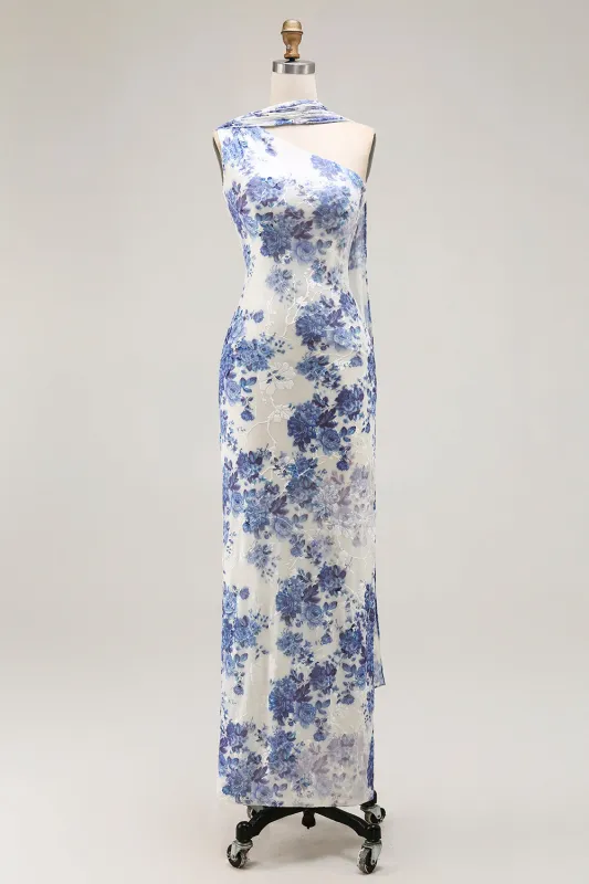 Blue Sheath One Shoulder Floral Burnout Long Convertible Dress with Shawl sold by Wedtrend