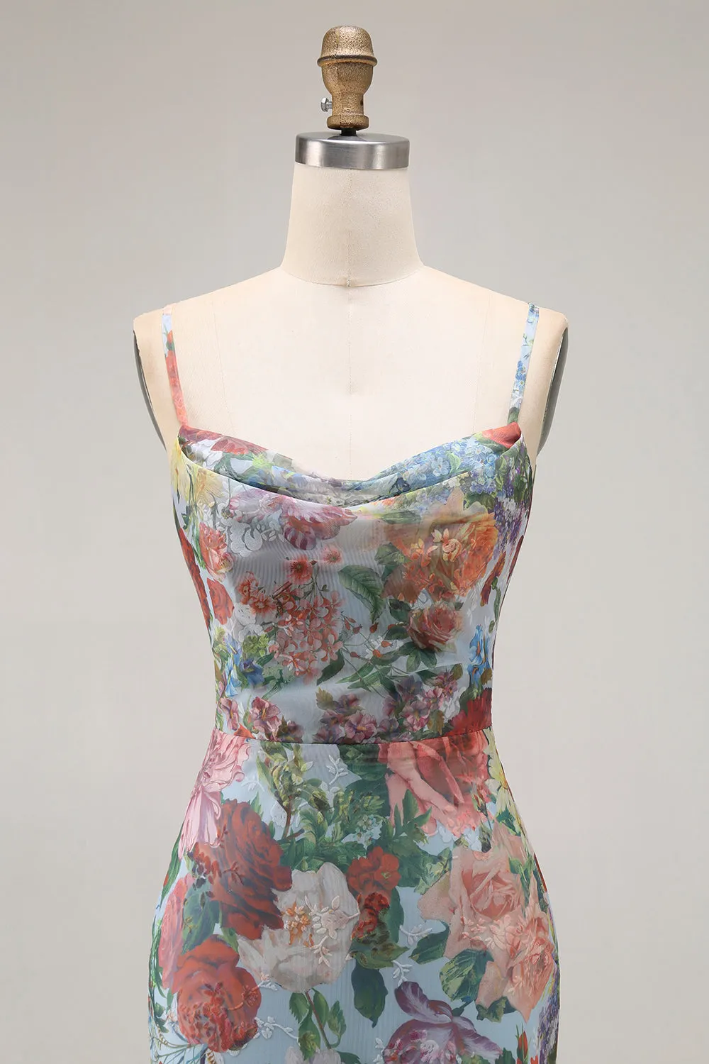 Multi Flower Sheath Spaghetti Straps Open Back Long Floral Dress with Slit sold by Wedtrend product image thumbnail 4
