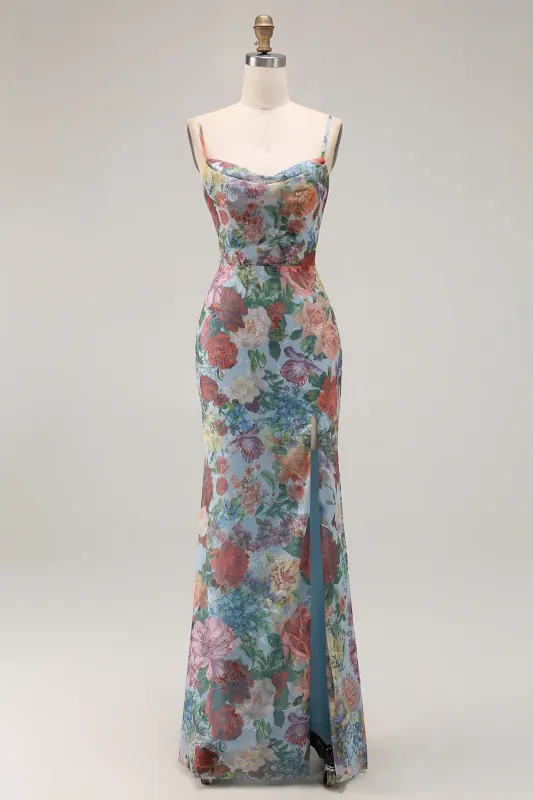 Multi Flower Sheath Spaghetti Straps Open Back Long Floral Dress with Slit made by Wedtrend