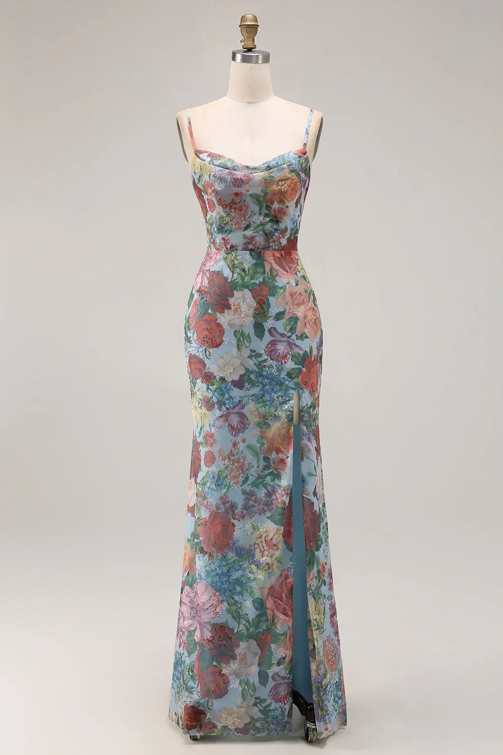 Multi Flower Sheath Spaghetti Straps Open Back Long Floral Dress with Slit sold by Wedtrend