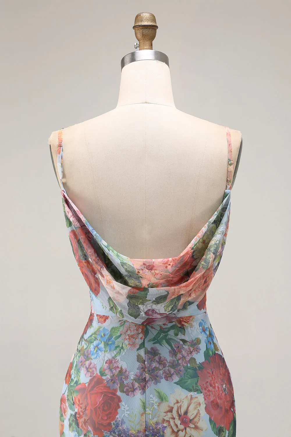Multi Flower Sheath Spaghetti Straps Open Back Long Floral Dress with Slit sold by Wedtrend product image thumbnail 5