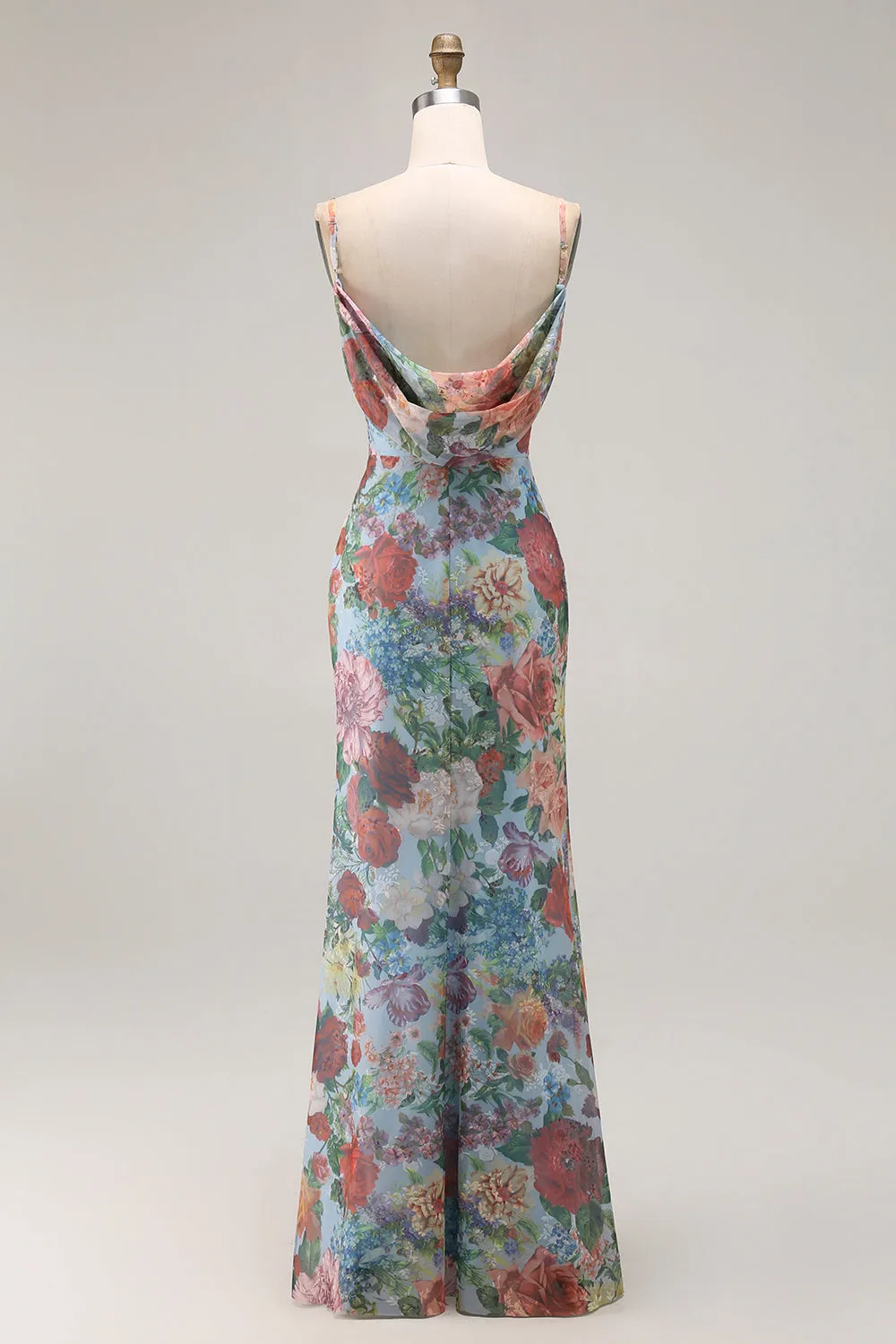 Multi Flower Sheath Spaghetti Straps Open Back Long Floral Dress with Slit sold by Wedtrend product image thumbnail 2