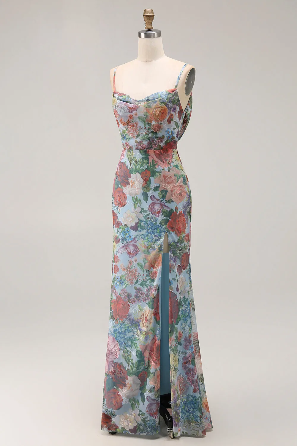 Multi Flower Sheath Spaghetti Straps Open Back Long Floral Dress with Slit sold by Wedtrend product image thumbnail 3
