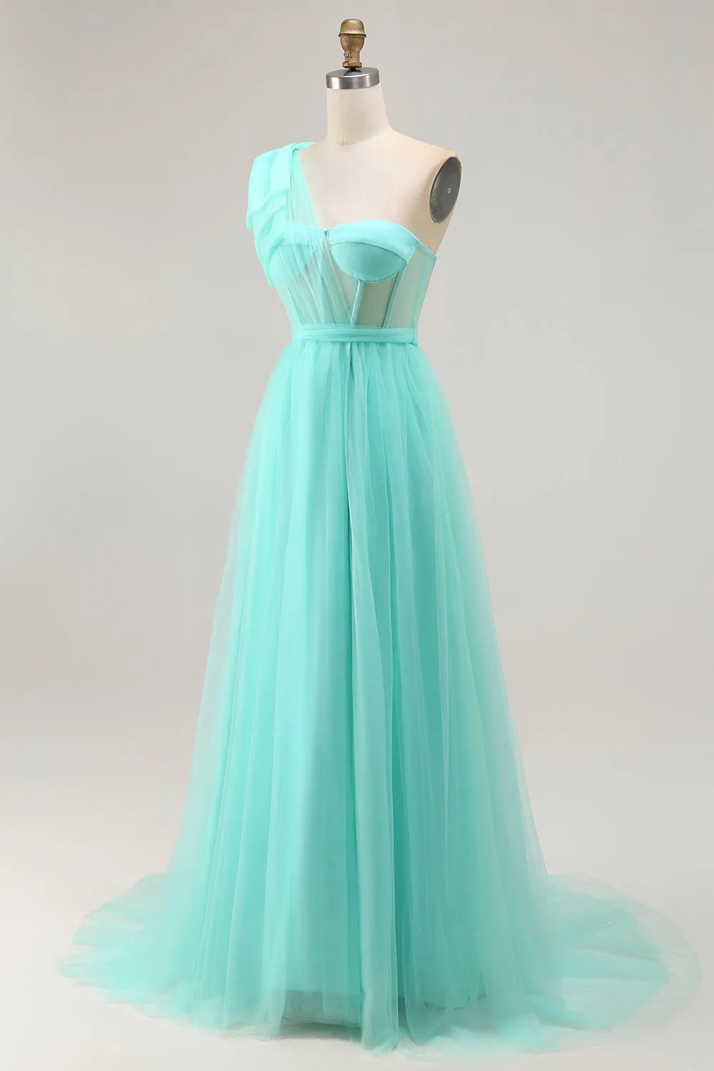 Mint Green A Line One Shoulder Sheer Corset Tulle Long Prom Dress with Slit sold by Wedtrend product image thumbnail 3