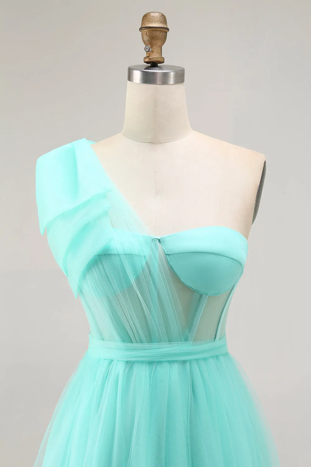 Mint Green A Line One Shoulder Sheer Corset Tulle Long Prom Dress with Slit sold by Wedtrend product image thumbnail 4