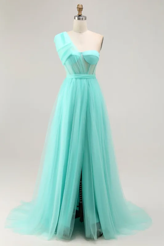 Mint Green A Line One Shoulder Sheer Corset Tulle Long Prom Dress with Slit made by Wedtrend