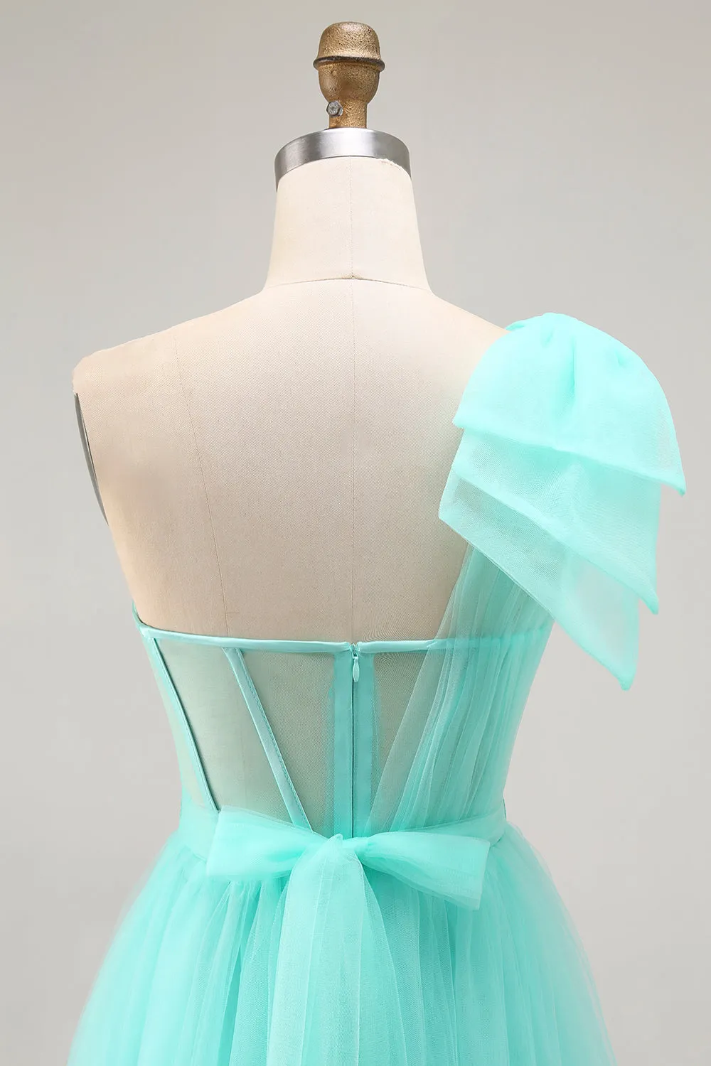 Mint Green A Line One Shoulder Sheer Corset Tulle Long Prom Dress with Slit sold by Wedtrend product image thumbnail 5