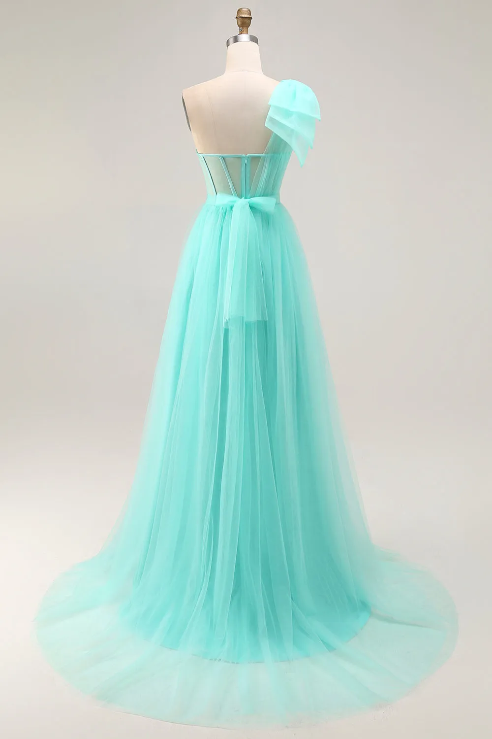 Mint Green A Line One Shoulder Sheer Corset Tulle Long Prom Dress with Slit sold by Wedtrend product image thumbnail 2