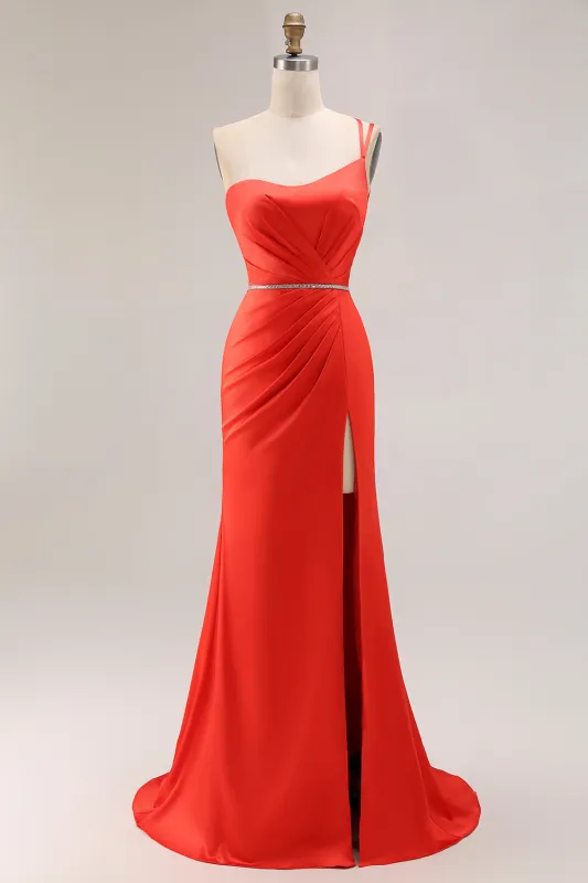 Orange Mermaid One Shoulder Beaded Pleated Long Prom Dress with Slit made by Wedtrend