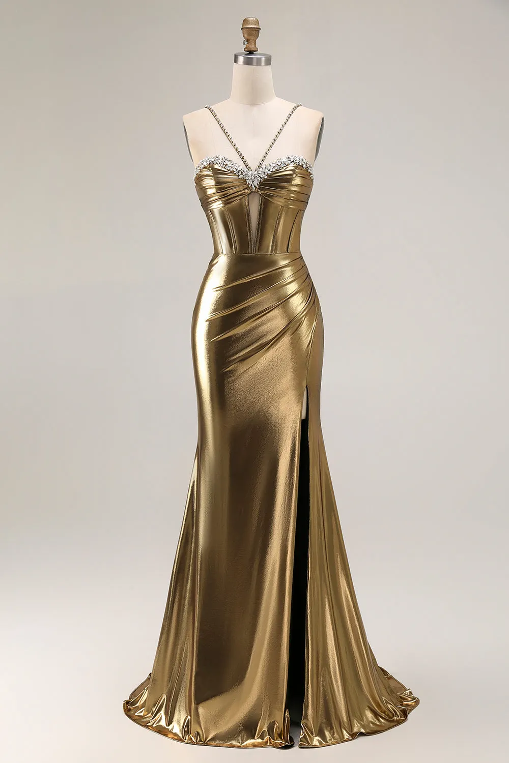 Metallic Golden Mermaid Rhinestone Pleated Corset Long Prom Dress with Slit sold by Wedtrend