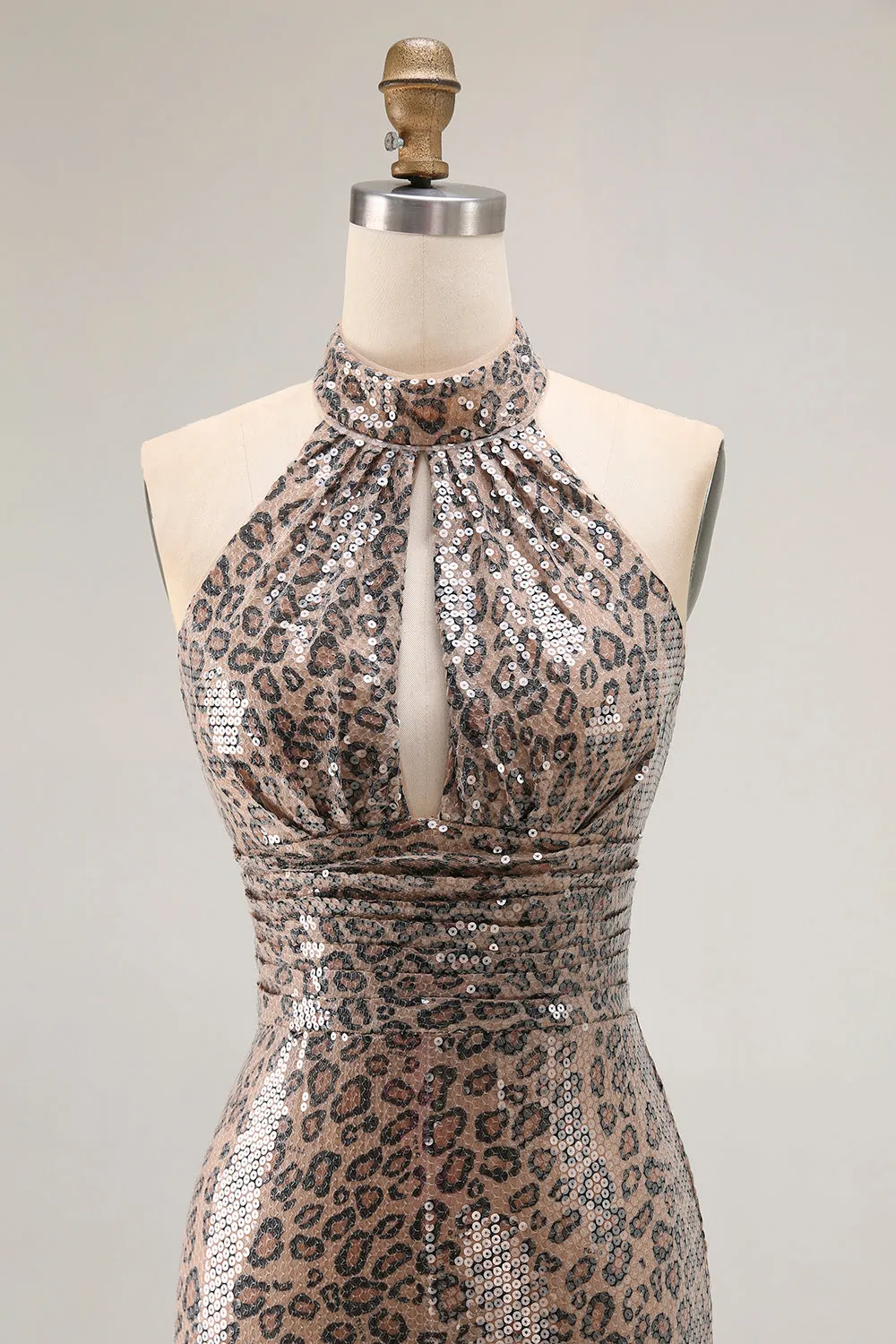 Sparkly Golden Leopard Mermaid Halter Keyhole Sequins Long Prom Dress with Slit sold by Wedtrend product image thumbnail 4