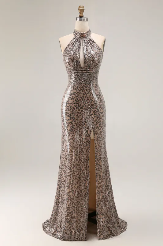 Sparkly Golden Leopard Mermaid Halter Keyhole Sequins Long Prom Dress with Slit made by Wedtrend