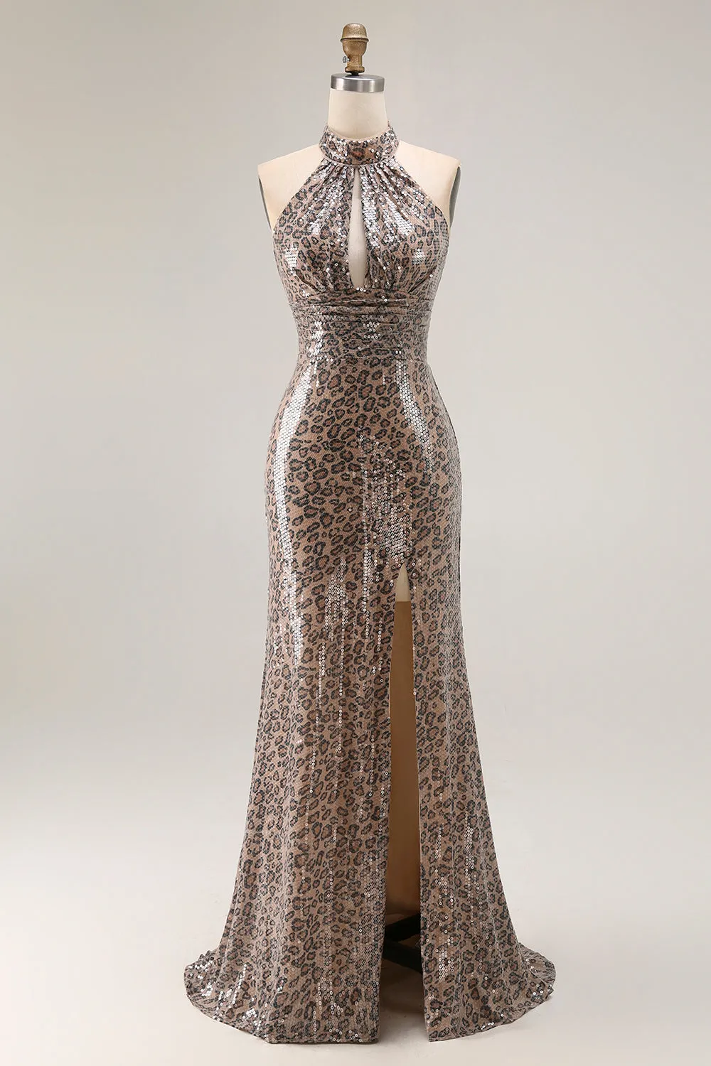 Sparkly Golden Leopard Mermaid Halter Keyhole Sequins Long Prom Dress with Slit sold by Wedtrend