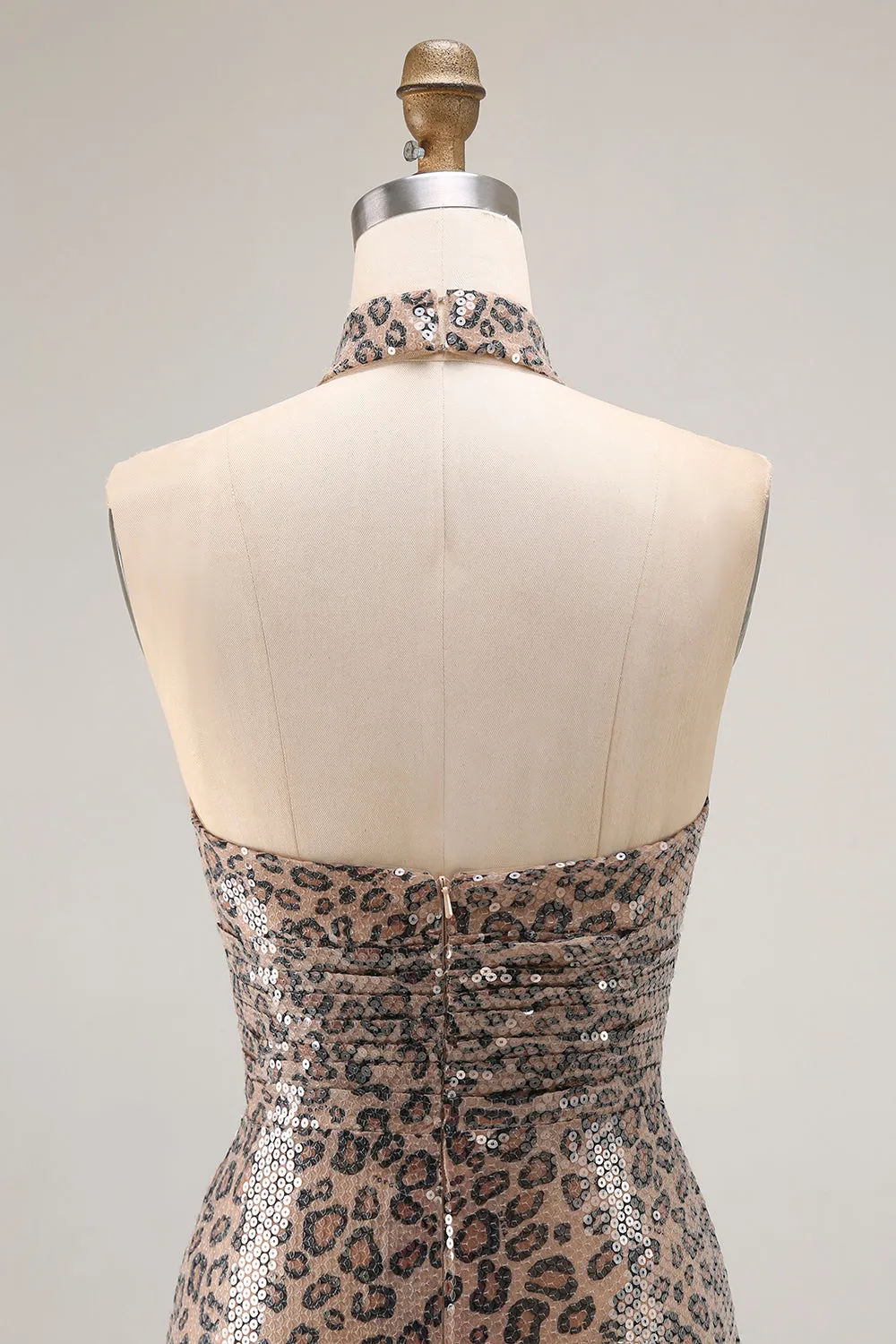 Sparkly Golden Leopard Mermaid Halter Keyhole Sequins Long Prom Dress with Slit sold by Wedtrend product image thumbnail 5