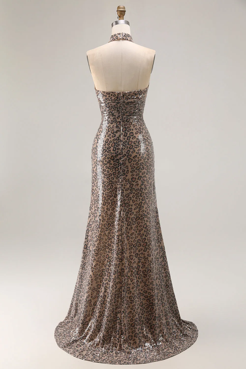 Sparkly Golden Leopard Mermaid Halter Keyhole Sequins Long Prom Dress with Slit sold by Wedtrend product image thumbnail 2