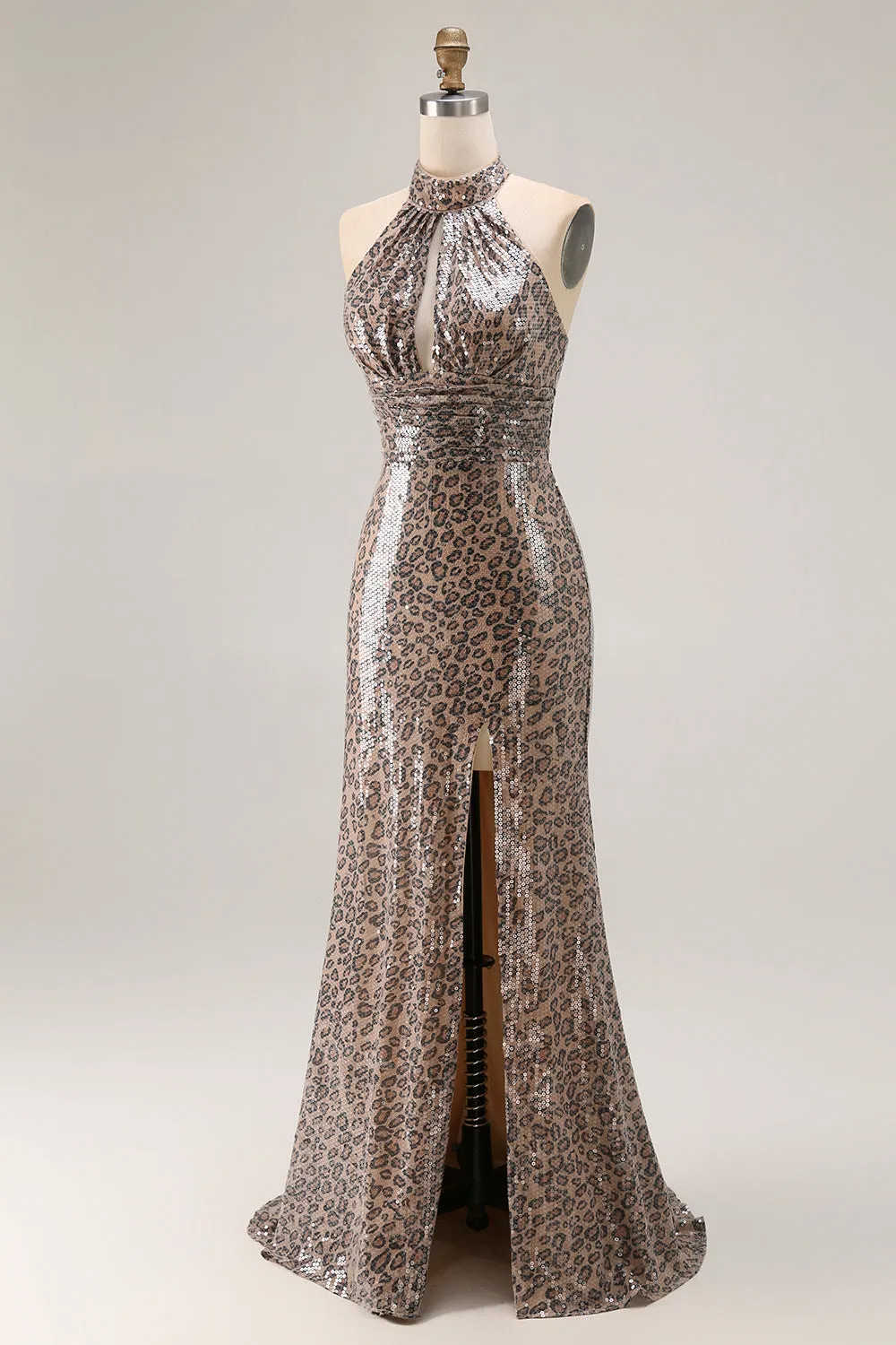 Sparkly Golden Leopard Mermaid Halter Keyhole Sequins Long Prom Dress with Slit sold by Wedtrend product image thumbnail 3