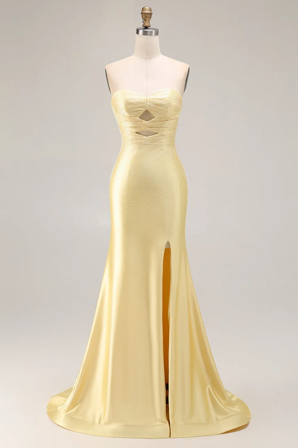 Yellow Mermaid Strapless Beaded Cut Out Long Prom Dress with Slit sold by Wedtrend