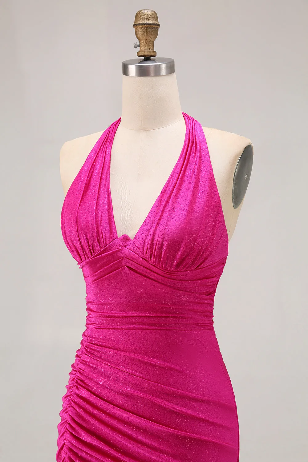 Fuchsia Mermaid Halter Shining Satin Open Back Ruched Long Prom Dress with Slit sold by Wedtrend product image thumbnail 5