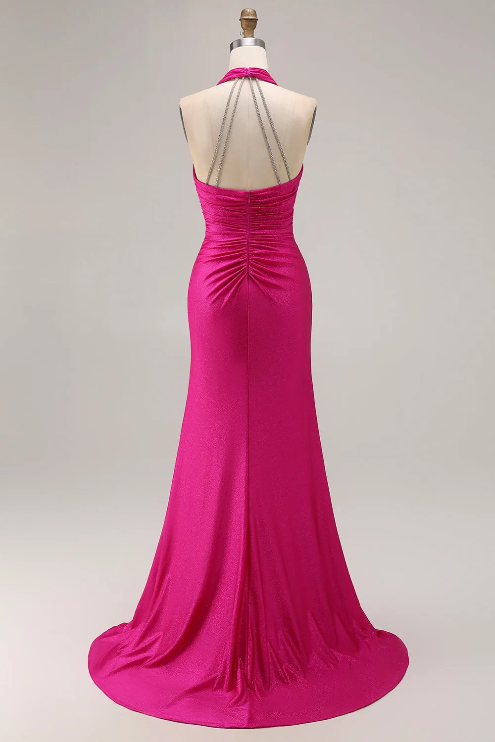 Fuchsia Mermaid Halter Shining Satin Open Back Ruched Long Prom Dress with Slit sold by Wedtrend product image thumbnail 2