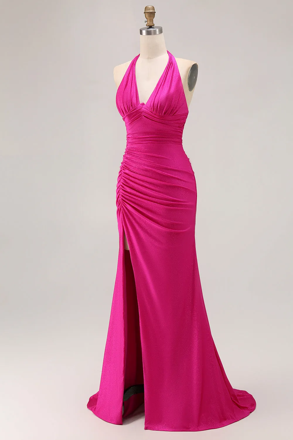 Fuchsia Mermaid Halter Shining Satin Open Back Ruched Long Prom Dress with Slit sold by Wedtrend product image thumbnail 3