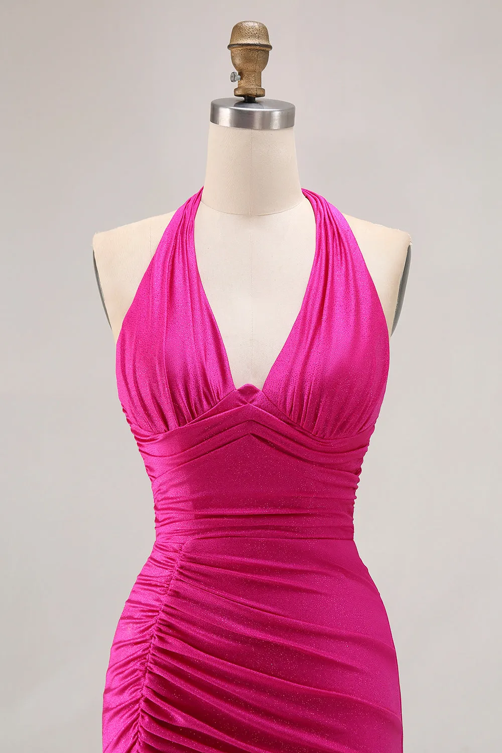 Fuchsia Mermaid Halter Shining Satin Open Back Ruched Long Prom Dress with Slit sold by Wedtrend product image thumbnail 4